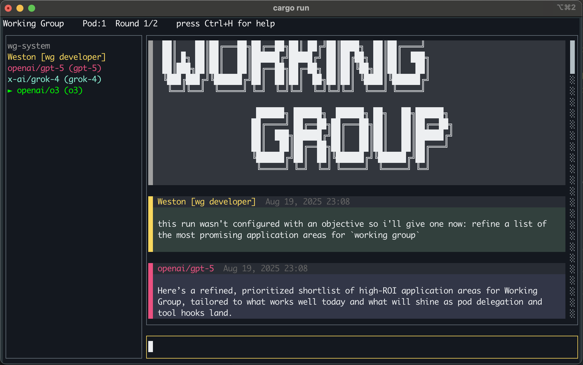 Working Group TUI interface showing multi-agent interaction